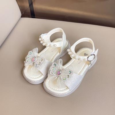 Sandálias de Verão para Meninas Moda Strass Laço Sandálias Rasteirinhas para Crianças Novas Sandálias Infantis Antiderrapantes de Bico Aberto com Pérolas Solado Macio