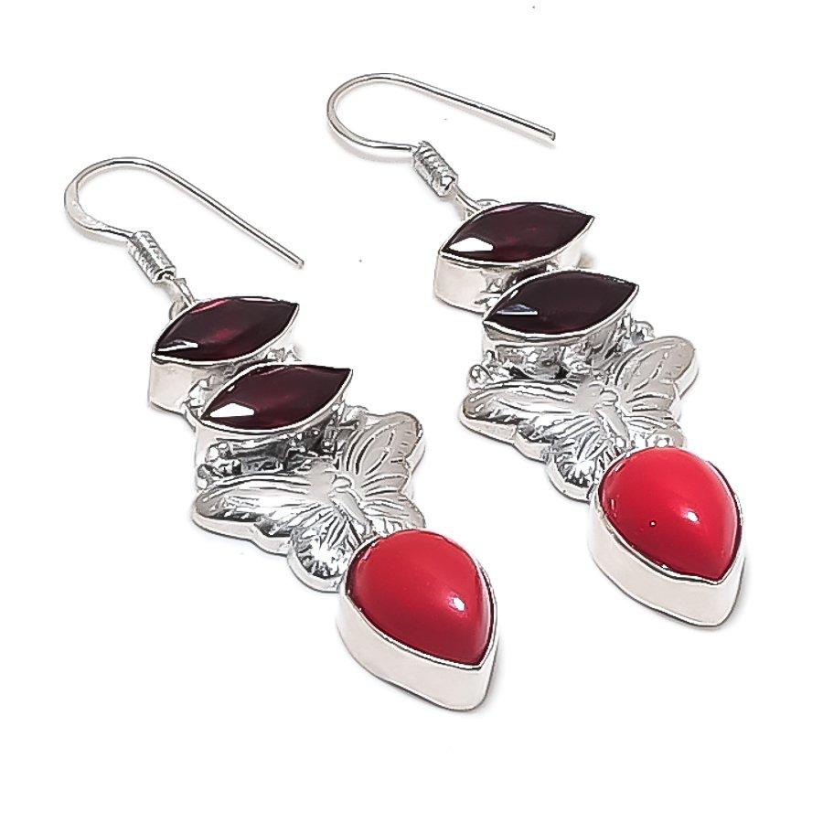 Natural Red Coral, Garnet Gemstone 925 Sterling Silver Earring 2.36" U5q99