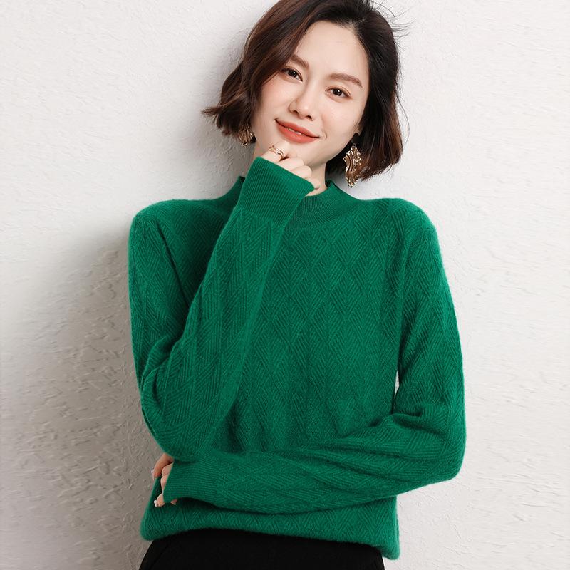 

Осень и зима новый женский пуловер с круглым вырезом средней высоты простой однотонный ромбовидный трикотажный свитер облегающий и тонкий утолщенный трикотажный свитер женский XXL изумрудный