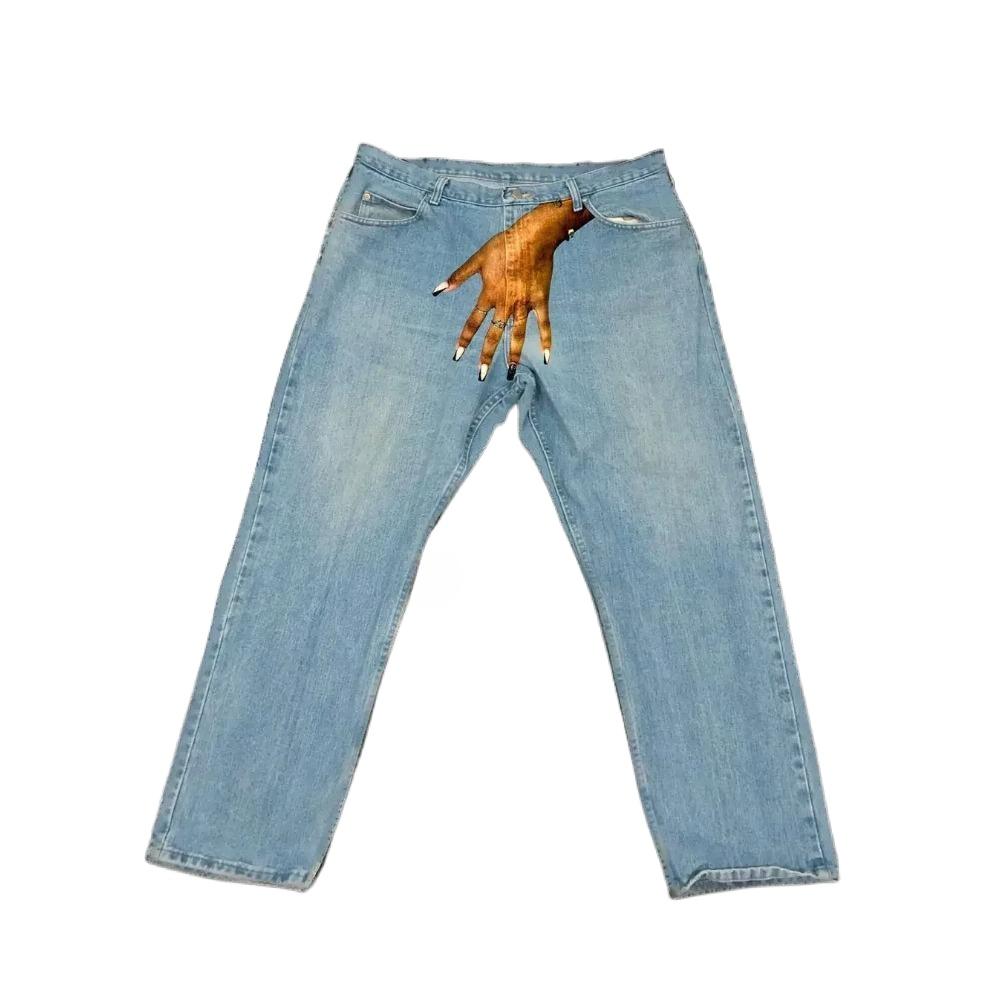 ZYLLO Streetwear Jeans Y2K Gothic Hip Hop Finger Graphic Print Retro Blue Baggy Jeans Men Women Fashion High Waisted Wide Leg Trousers