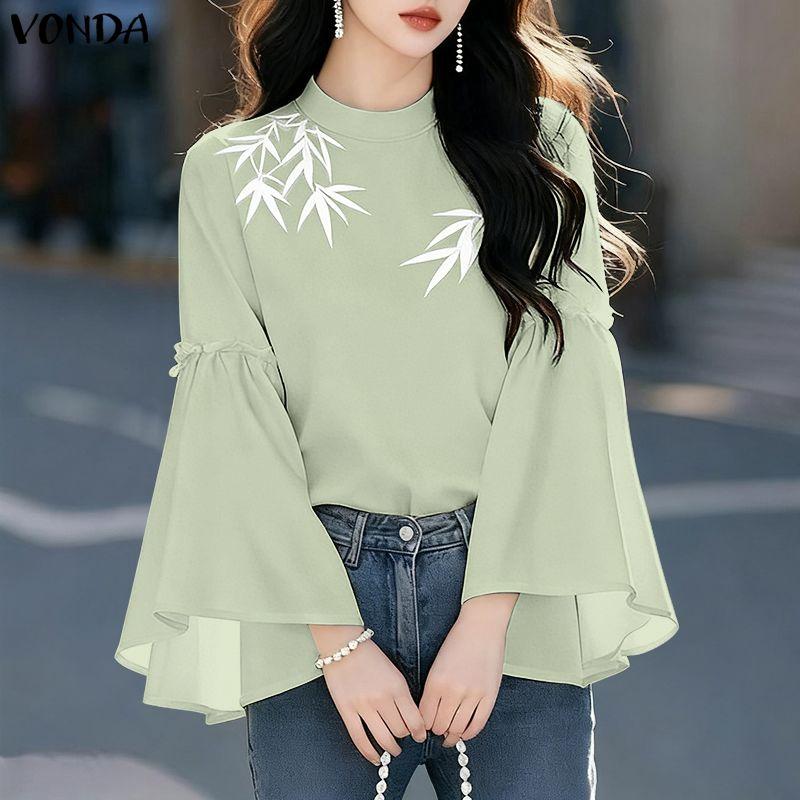 VONDA Damen Stehkragen Langarm Schlagarm Stickerei Elegant Lässig Bluse