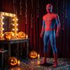 Full Body Stretch Jumpsuit Costume with Web Pattern and Spider Emblem for Halloween Stage Performance Cosplay and Themed Events