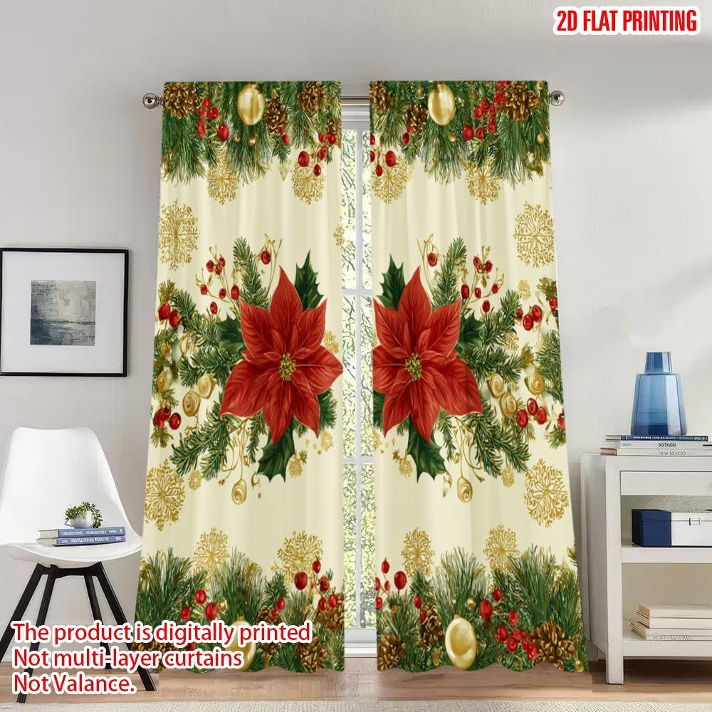 

2pcs 2D flat printing Classic Christmas Curtains Christmas Poinsettia Ornaments Wreath Digital Printed Polyester Drapes Festive 100*130 Rod Pocket 1pcs