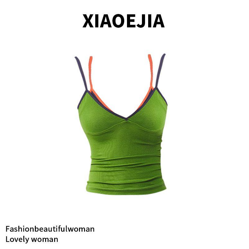 

Xiaoejia25ss Sexy Fake Two-Piece Slim-Fitting Suspenders Vest Women s Outwear Summer Tops T-shirt Green S