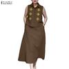ZANZEA Women Sleeveless Print Vest Tops and Long Skirts Summer Two Piece Suit Sets