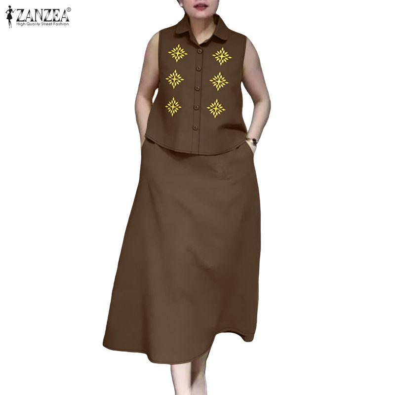 ZANZEA Women Sleeveless Print Vest Tops and Long Skirts Summer Two Piece Suit Sets