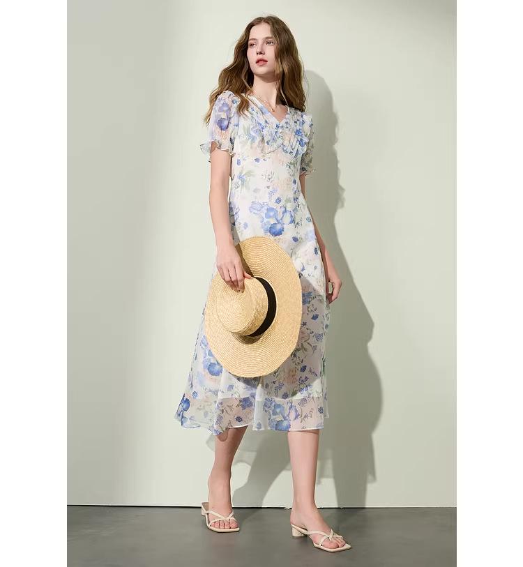 2026 Summer French Floral Mid-Length Blue Skirt - Romantic & Fashionable