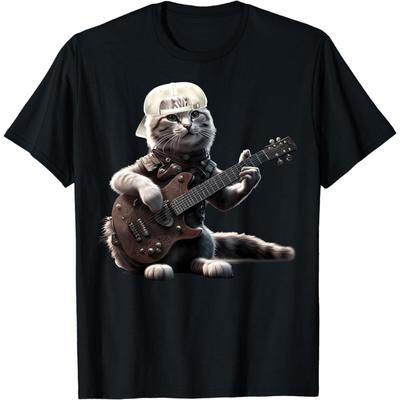 YYUUYUU Cat Playing Guitar Funny Rock Music Gifts for Men Women Kid T-Shirt