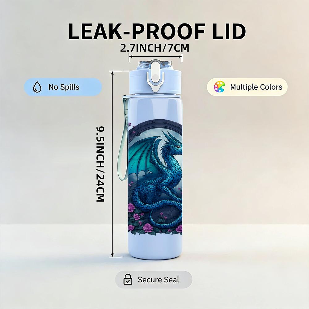 1PC Dark Blue Dragon Emblem 750ml Color Plastic Sports Water Bottle Leakproof Flip Straw Lid For Sports Office Home Use