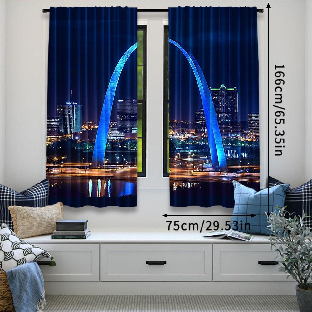 2Pcs The Arch In The City Of St Louis Night Skylines Curtain For Living Room Bedroom And Many Other Occasions