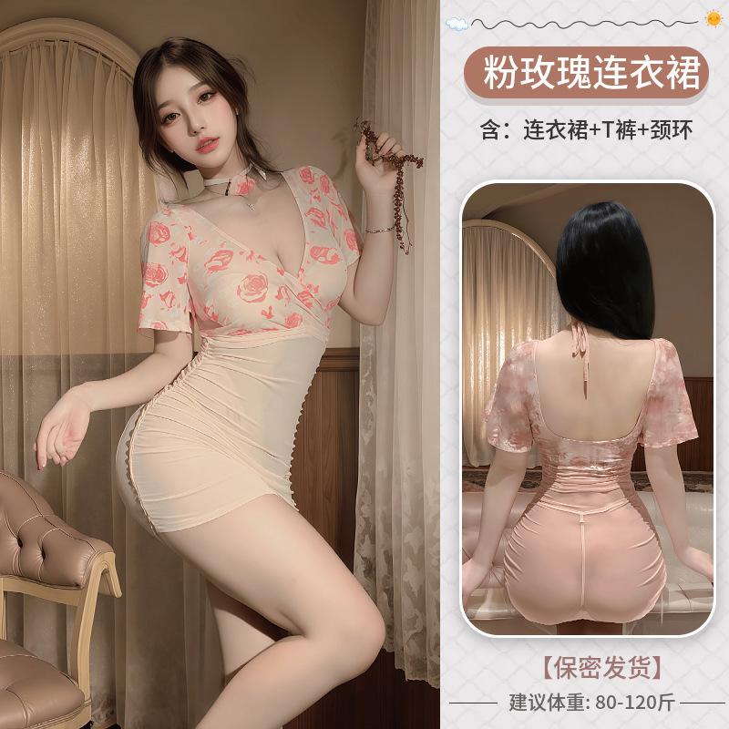 Sex underwear sexy perspective deep V floral rose light yarn hip skirt pure desire backless uniform