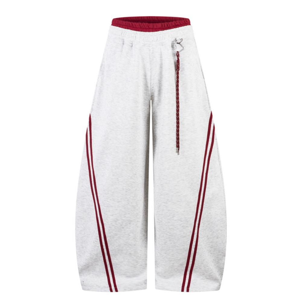 Dámské elastické vysokopásé barrel tepláky volné široké nohavice červený pruh kontrastní stahovací šňůrka pytlovité ležérní joggery na jaro Streetwear