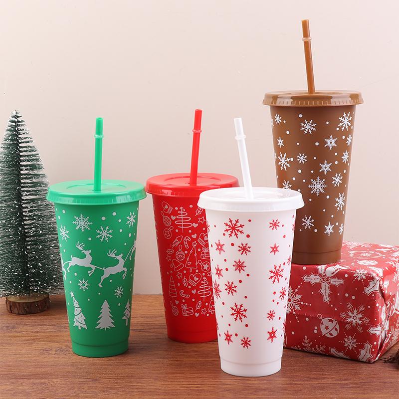 710ML Christmas Coffee Straw Cup Reusable Xmas Tree Snowflake Plastic Cup With Lid New Year 2026 Christmas Party Favors Decor