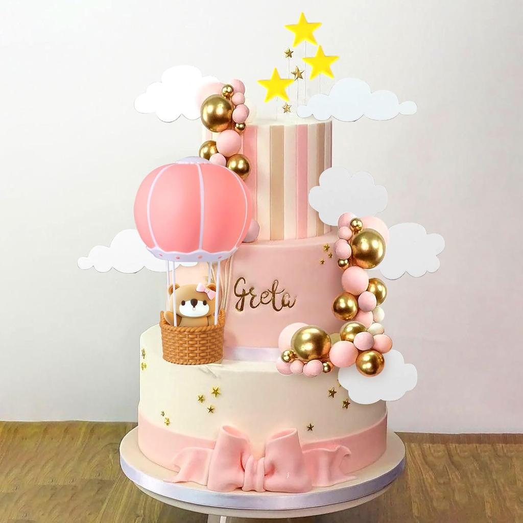 JeVenis Pink Bear Cake Decoration Bear Cake Topper Hot Air Balloons Cake Decoration Birthday Cake Decoration