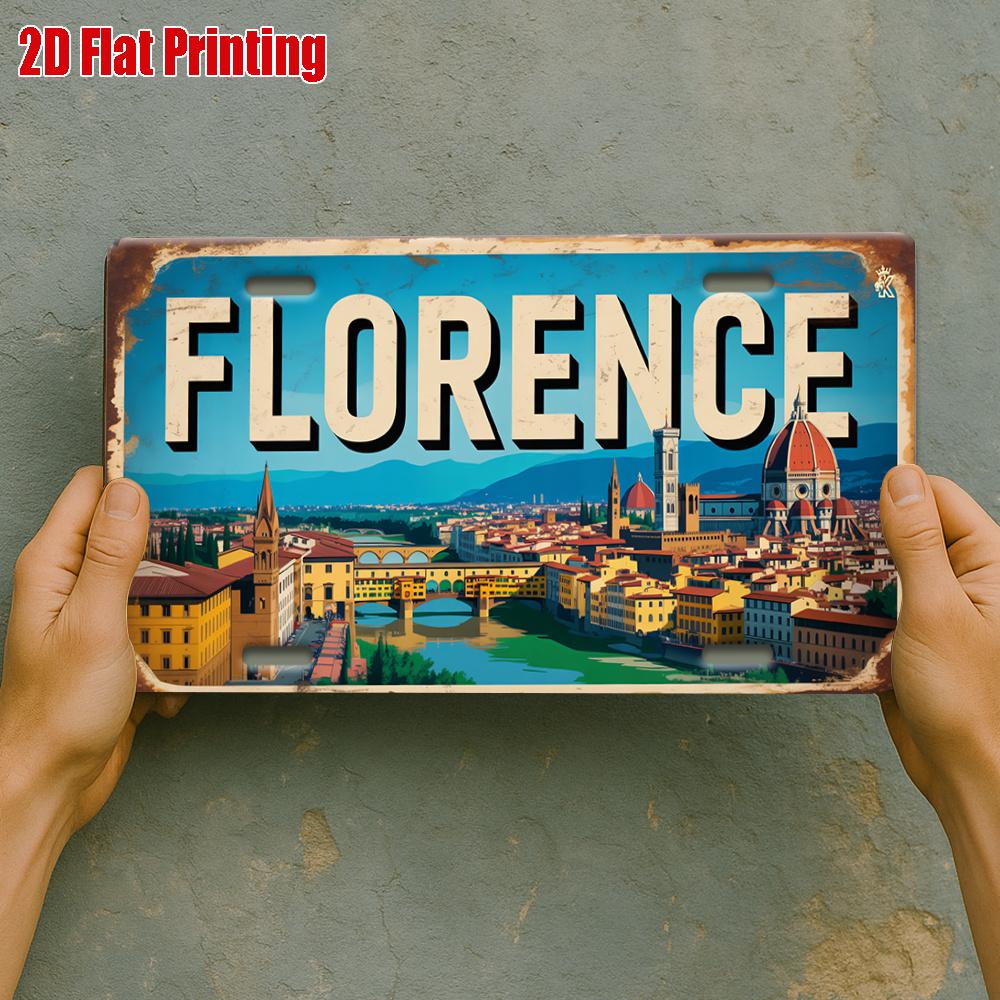 2D Flat Single Pizza Cityscape Metal License Plate, Perfect for Art Studios, Book Cafes, Italian Kitchens,and Historical Corners