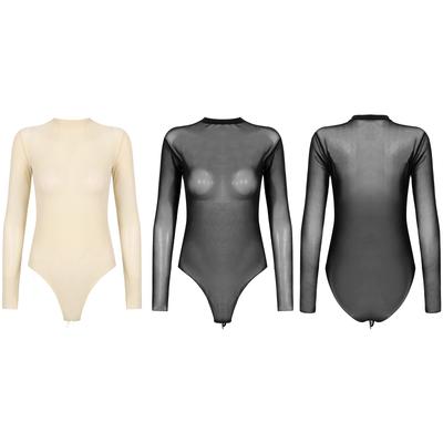 Womens Long Sleeve Bodysuit See Through Design Crew Neck High Cut Leotard Nightwear Lingerie