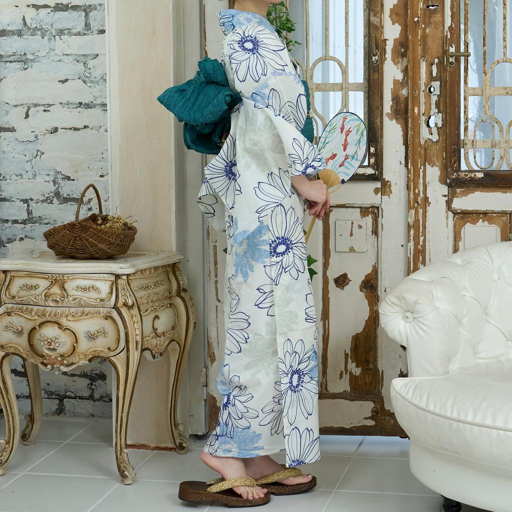 RAVIR Yukata White with a Refreshing Blue Daisy featuring a Fluffy Obi Belt and Free Women's 3-Piece Set Pattern, Sandals. Size.