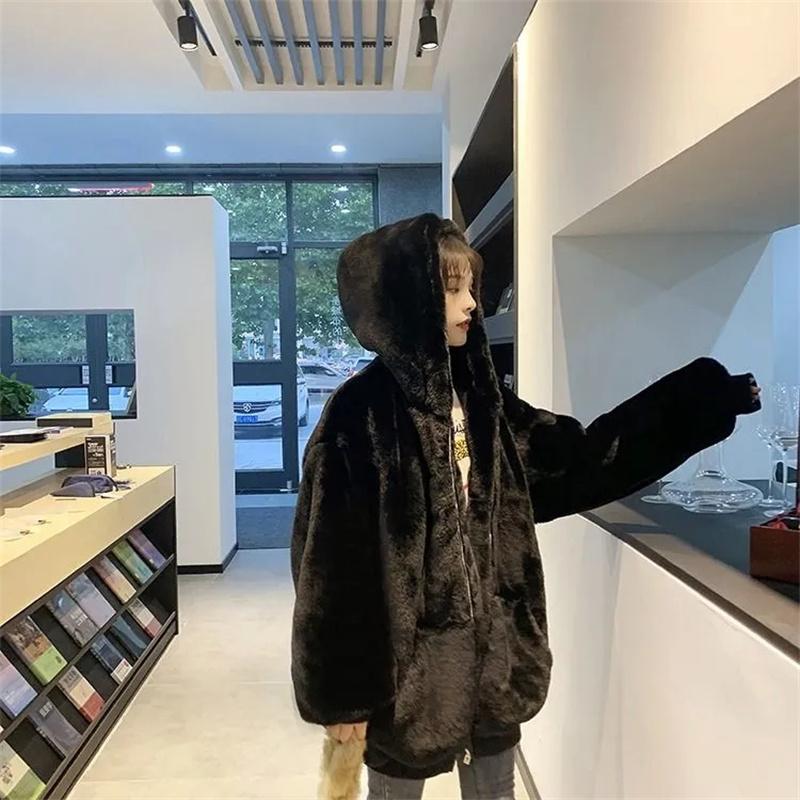 Kožich Hrubý Podzimní a Zimní Jehněčí Plyš Dámský Norkový Kabát Střední délky Módní