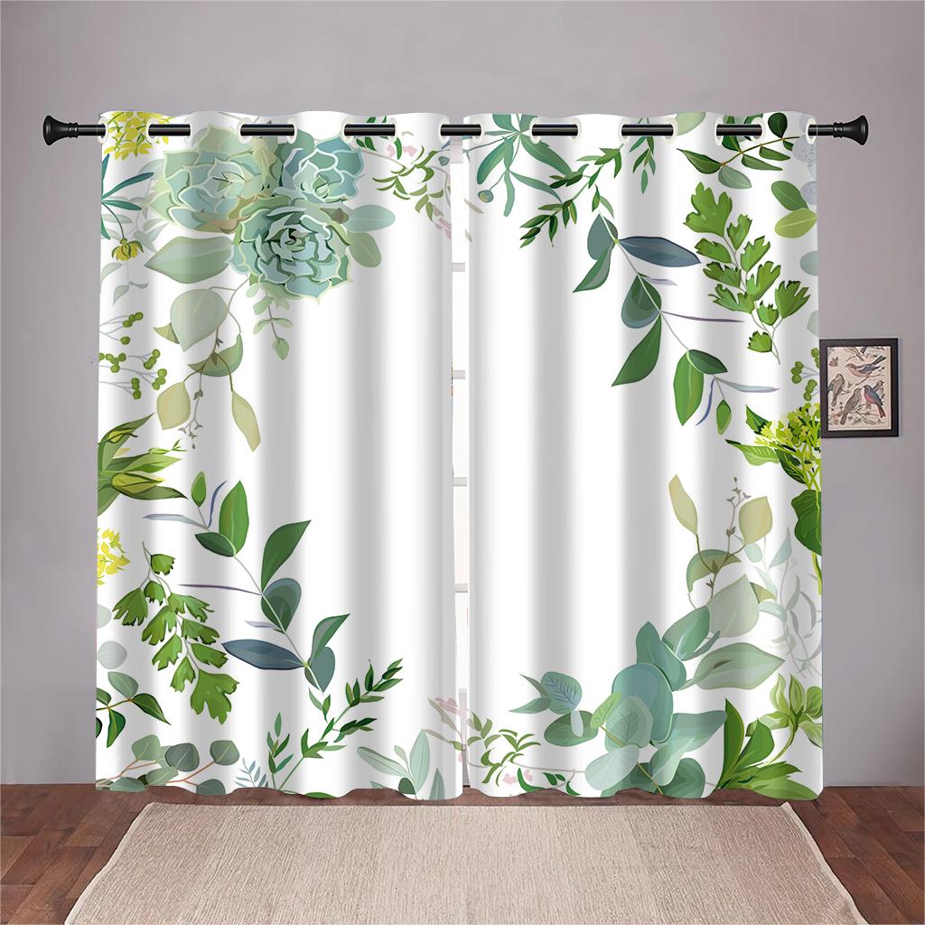 Μοντέρνες Απλές Κουρτίνες σε Στυλ Τέχνης με Λουλούδια, Πράσινα Φύλλα, 2 Πάνελ, Μινιμαλιστική, Σαλόνι, Υπνοδωμάτιο, Γραφείο, Κουζίνα, Σαλόνι, Διακόσμηση Κουρτίνες