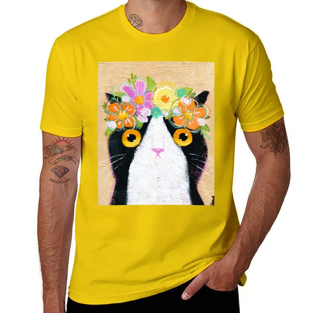 Kittys Flower Crown TShirt Aesthetic Clothes Customs for a Boy Black Tshirts for Men