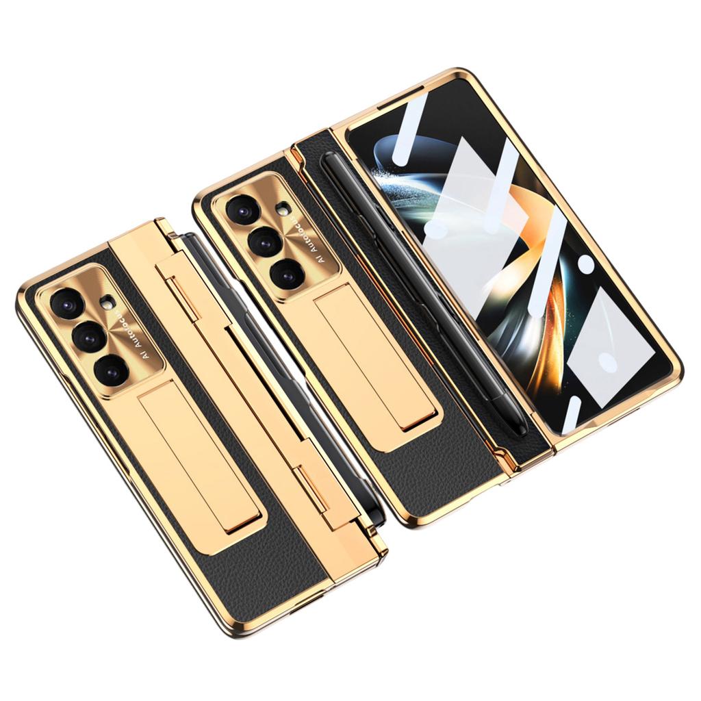For Samsung Galaxy Z Fold7 5G Case Kickstand Leather+PC Phone Cover with Tempered Glass Film/Stylus