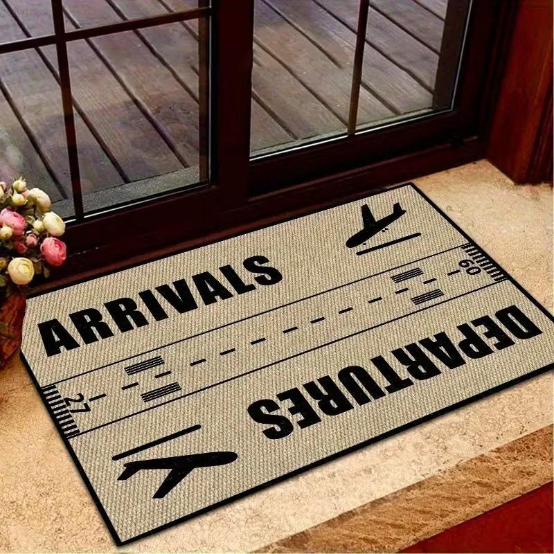 Airport Sign Doormat Funny Entrance Rug with Arrivals Departures Graphic Black Yellow Navy Blue Modern Welcome Mat Gift