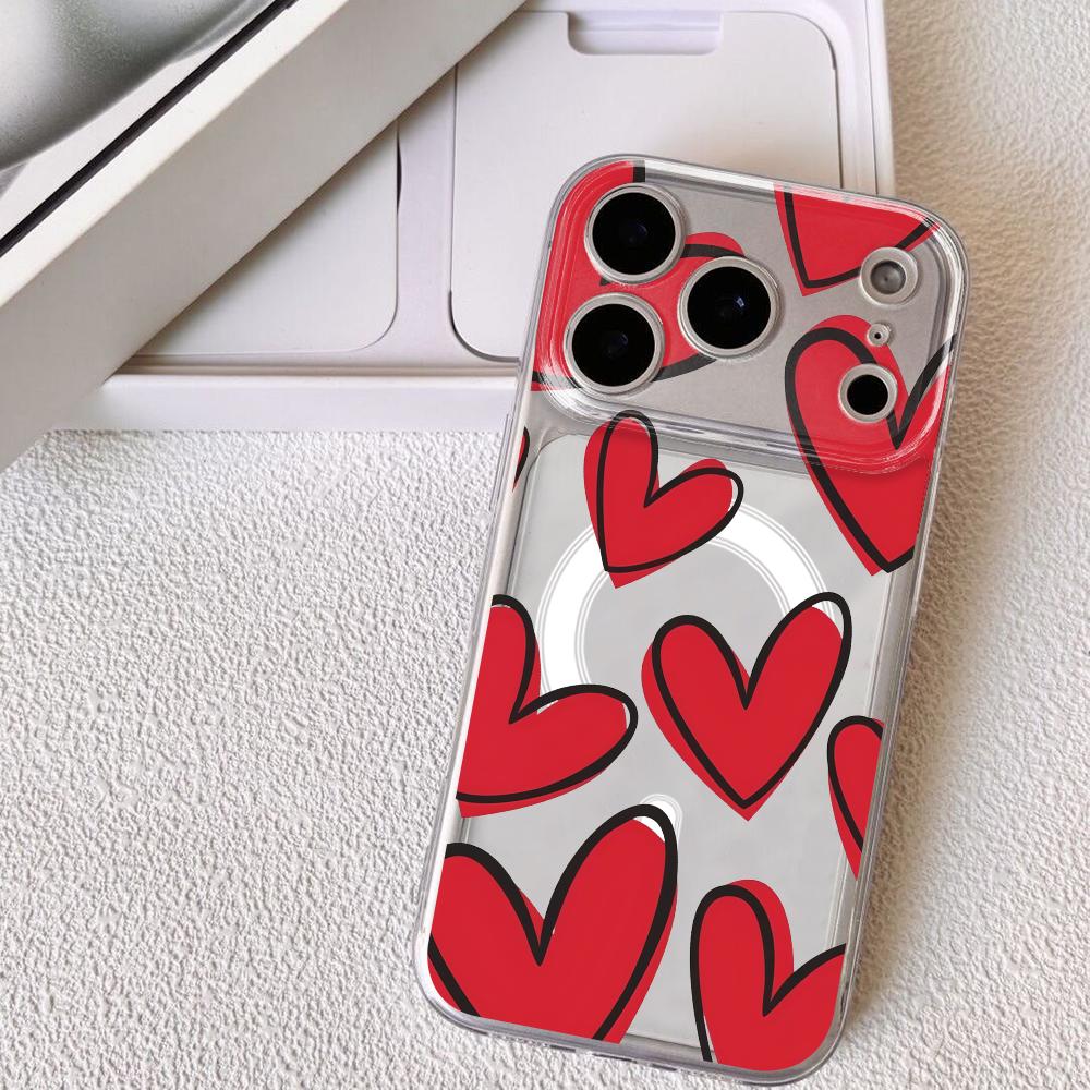 

INS Модный чехол-сердечко для iPhone 17 16 15 14 13 12 Pro Max Plus С магнитным Кристально прозрачный чехол Беспроводная зарядка iPhone 14 Pro Max