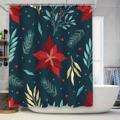GAElegante blaue Duschvorhang mit floralem Muster und Weihnachtsstern für Badezimmerdekoration Wasserdichter Stoff Einfaches Installationsset In