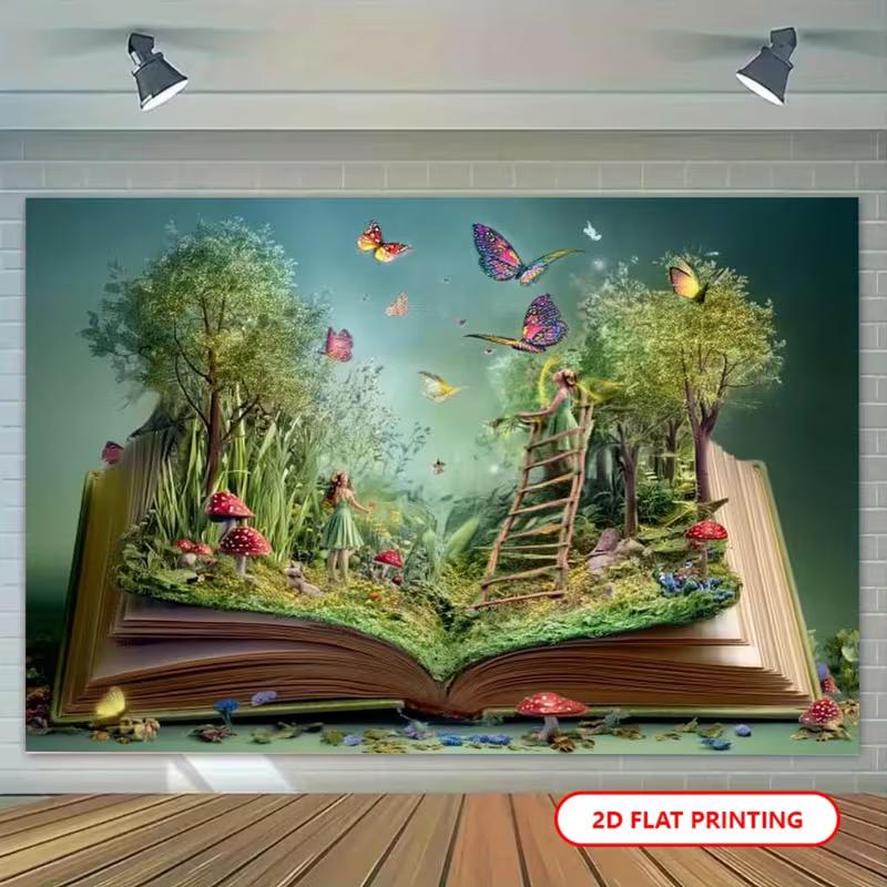 2D Enchanted Storybook Backdrop with Fairies & Butterflies Party Photo Booth Background