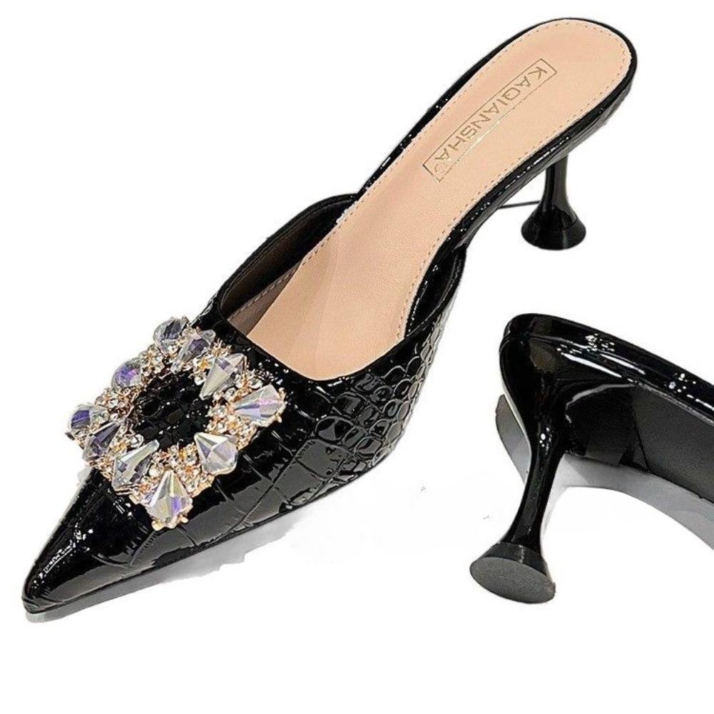 Fashion Women's Small Size Slippers 34-39 New Pointed Head Rhinestone Fine Heeled Sandals Banquet Elegant High Heels Baotou French Shoes