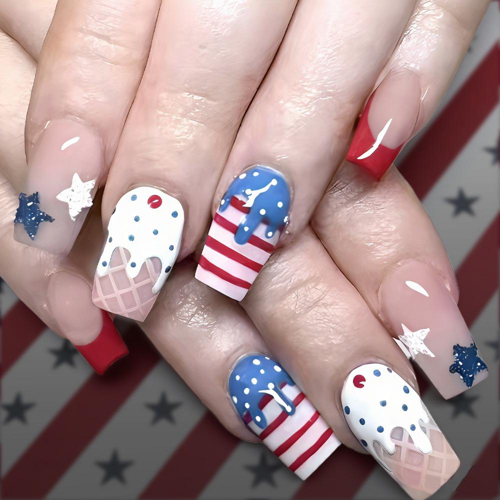 Independence Day Blue & White Striped Star Ice Cream Nail Art Set (24 Detachable Pieces)