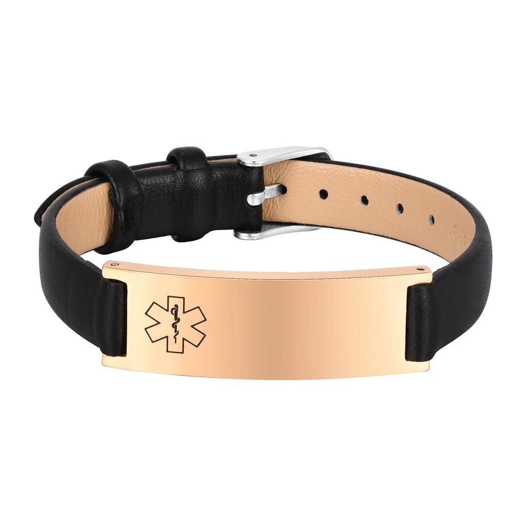 Braccialetto ID di Allerta Medica di Emergenza per Donne, Braccialetti in Vera Pelle con Incisione Gratuita, Gioielli Sportivi Personalizzabili per Diabetici