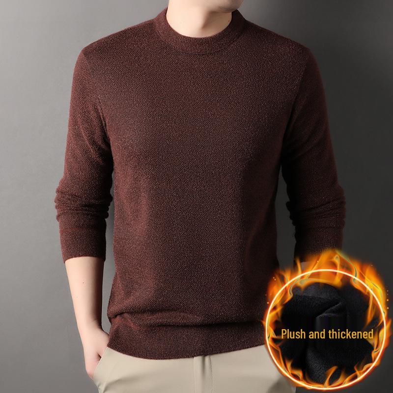 Men's Warm Thickened Knit Sweater - Autumn/Winter Casual, Middle-Aged, Round Neck, Solid Color, Fluffy Velvet.