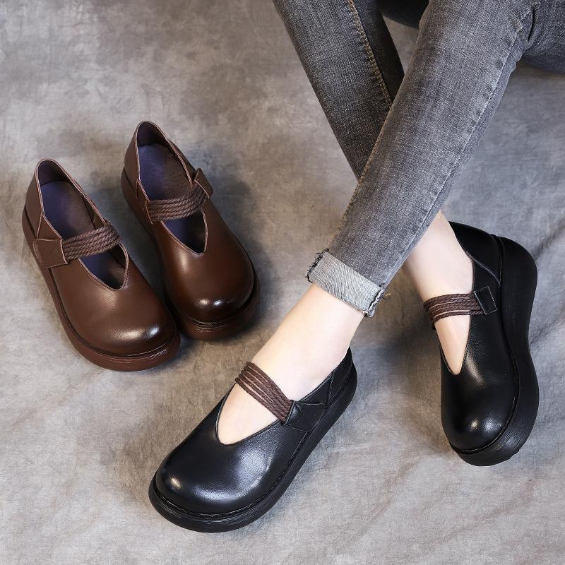 Fashion GKTINOO Genuine Leather Flat Platform Shoes For Women Retro Thick Heel Wedges Handmade Casual Shoes Leisure Ladies Platform Shoe