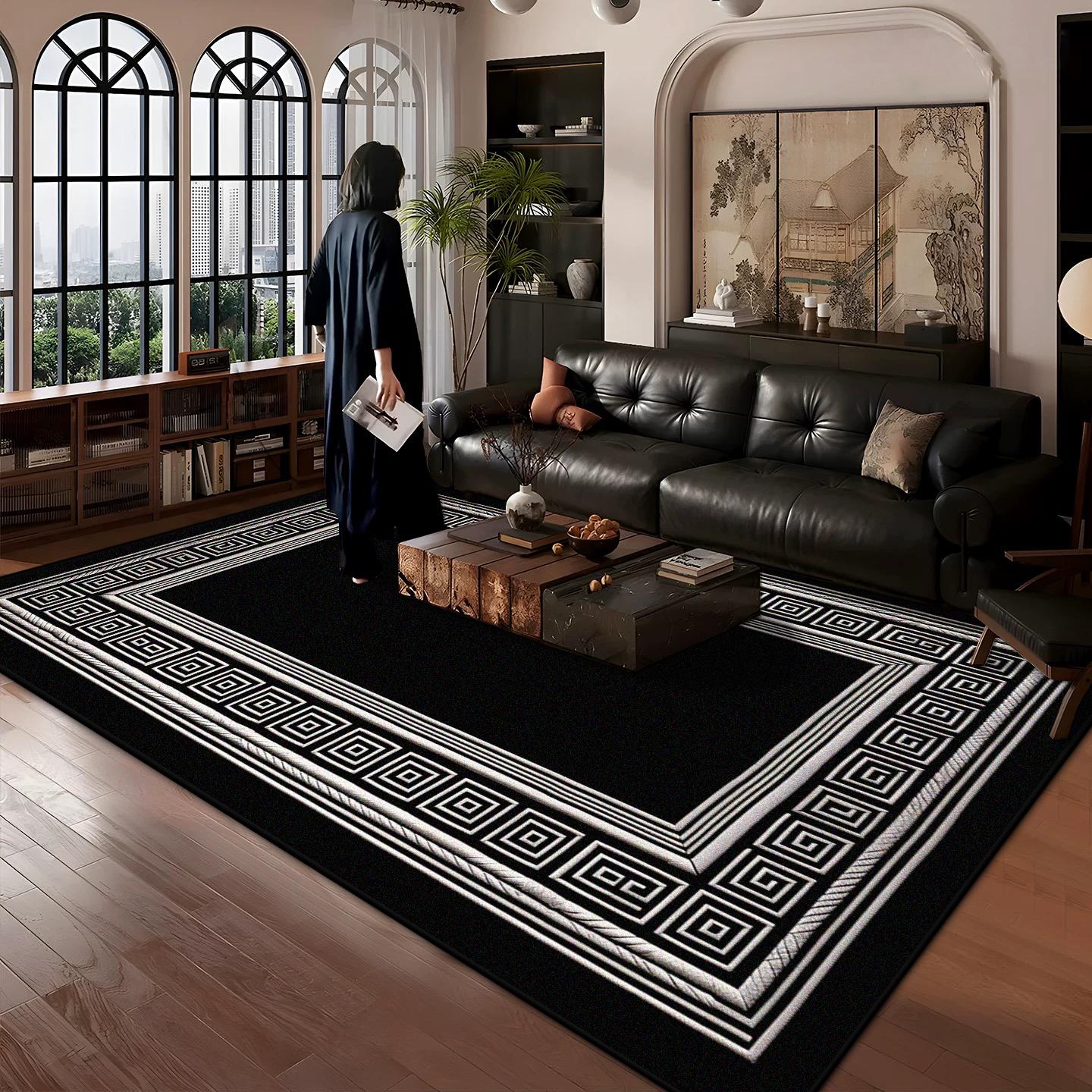 

Chinese Style Border Design Carpet Large Area Living Room Antiskid Decoration Rugs Black Bedroom Washable Foot Mat Customizable 60*90cm