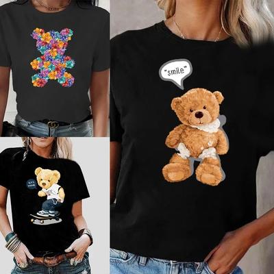Fashion Bear Print Women T-Shirt Harajuku Round Neck Casual Loose Short Sleeve Summer Slim Soft Tops Clothing Hip Hop Streetwear Unisex
