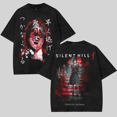 Classic Game Tees Vintage Washed Silent Hill F Horror GameGraphic Print Enthusiast Psychological Fans Tee Men Women Cotton Top