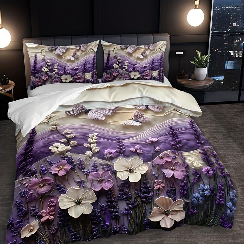 

3pcs Purple 3D Floral and Butterfly Lavender Plant Duvet Cover Set - Includes 1 Duvet Cover and 2 Pillowcases EU Twin(135x200cm)