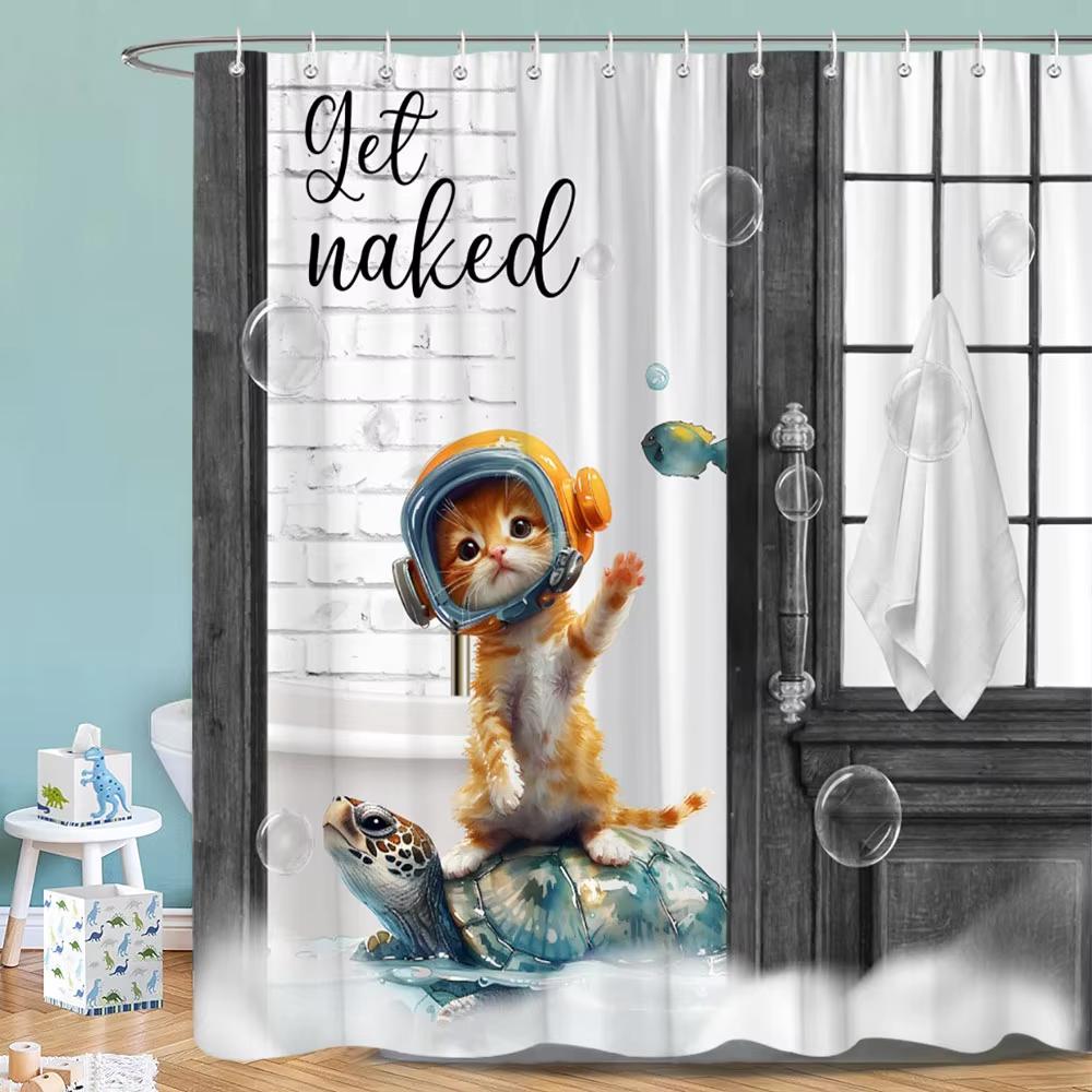 Funny And Creative Surfing Cat Shower Curtain, Bathroom Decorative Curtain, Printed Polyester Fabric Home Curtain With Hooks