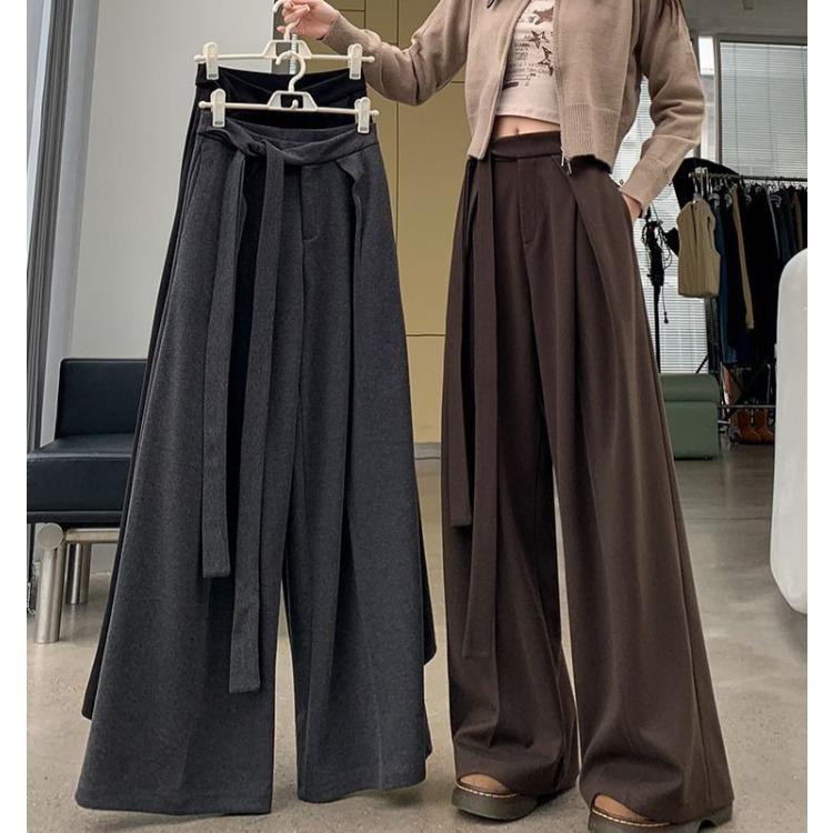 High Waist Wool Trousers Women Loose Casual Wide Leg Winter Tie Waist Design Long Pants