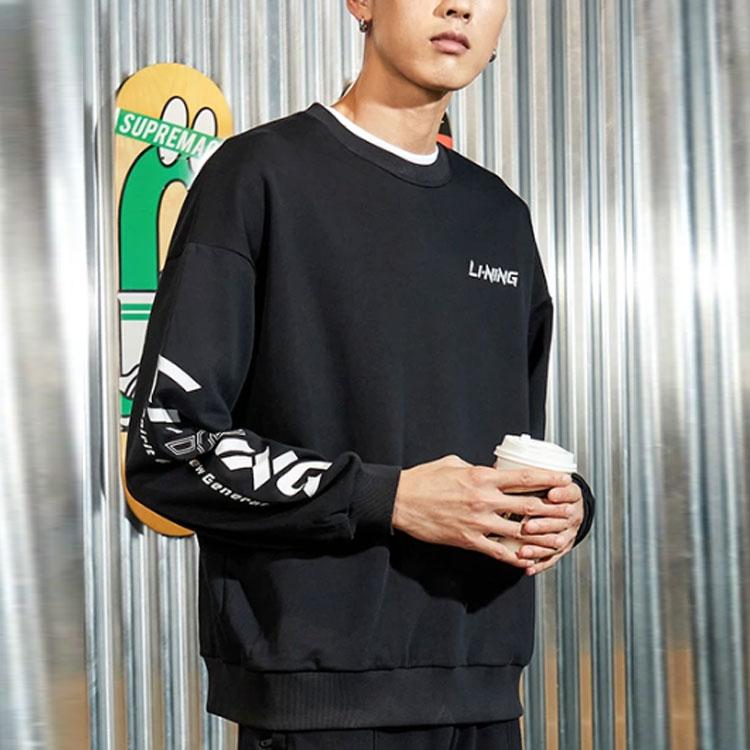 Li Ning Sports Fashion Series Logo Print Fleece Crewneck Sweatshirt Men Sweatshirt Black AWDRB77-7
