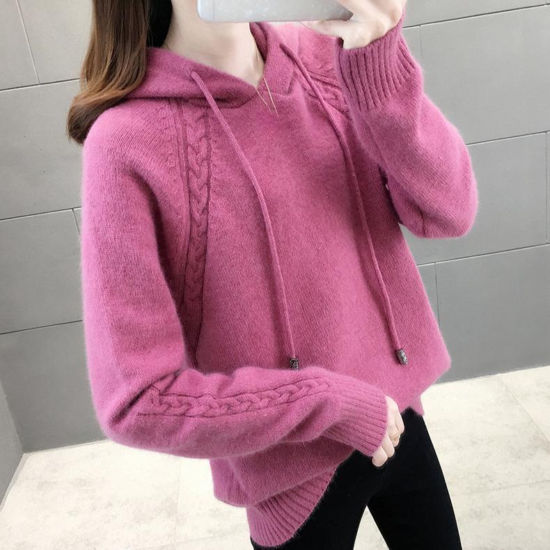 Hooded Sweater Women's Autumn and Winter Long Sleeved Knitted Sweater Loose and Lazy Style Hoodie Top Rest Pullover