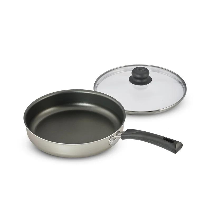 Nonstick Aluminum Deep Sauté Pan Induction Safe Covered Cooking Pan Dishwasher Safe Tempered Glass Lid Ergonomic Design Easy