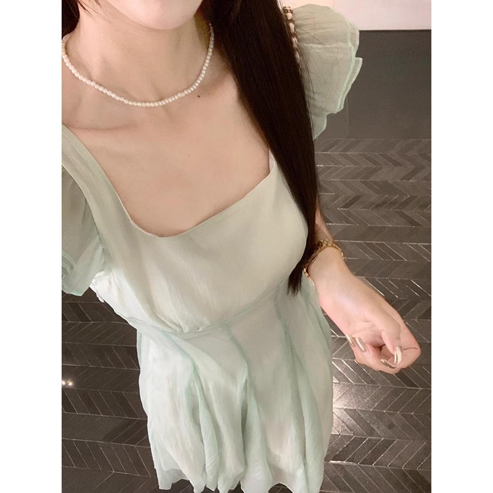 

Long dress women s summer new seaside vacation gentle wind temperament beautiful waist a word small flying sleeve dress XL- (recommended 110-60kg)
