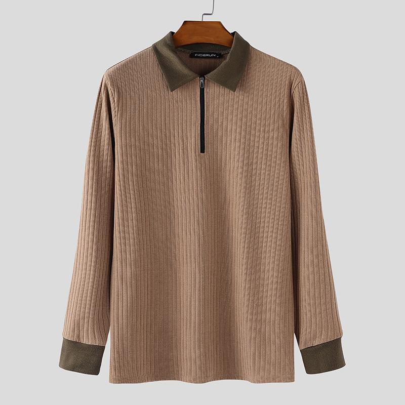 INCERUN Autumn Men Lapel Neck Long Sleeve Stitching Patchwork Rib Knitted Pullovers Tops