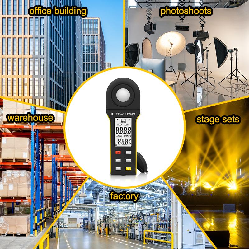 HoldPeak HP-5000A Portable Digital Luminance Meter 1-400,000Lux Range 0.1LUX/FC Resolution Data Logging with Backlight Feature