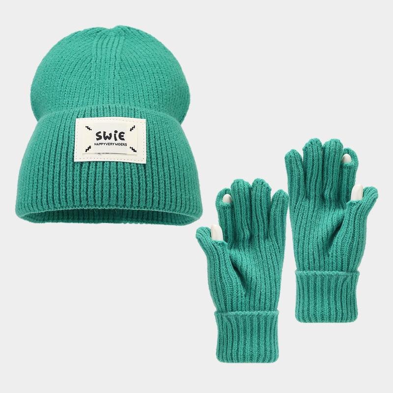 

Осень и зима новая вязаная шапка с надписью и перчатки, комплект из двух предметов, большой обхват головы, для улицы, для лица, с маленькой защитой для ушей, шерстяная шапка зелёный