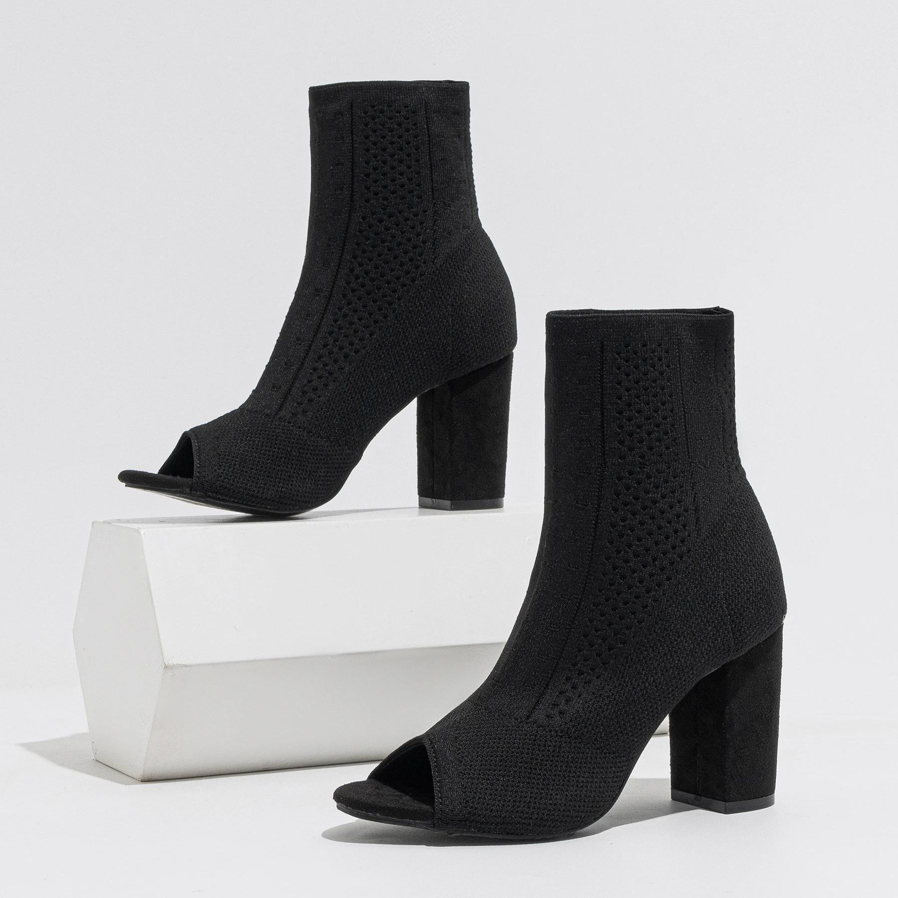 

Осенние женские короткие сапоги, модные, с открытым носком, эластичные, трикотажные, черные, на высоком каблуке, ботильоны, женская обувь для вечеринок и танцев 35