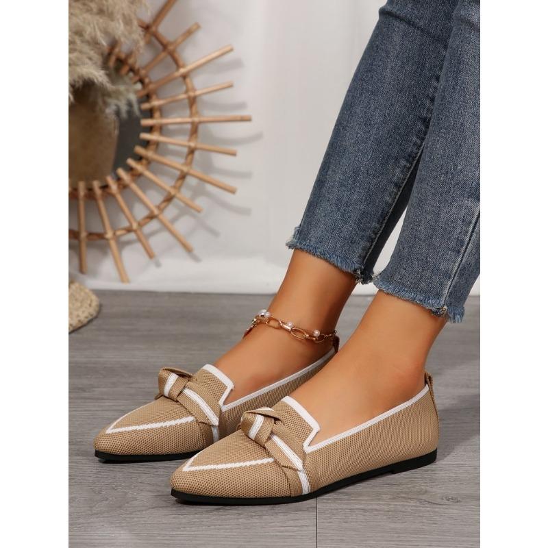 Skinny pointed large size flat single shoes women, fashionable flying weaving one pedal bow casual breathable color matching single