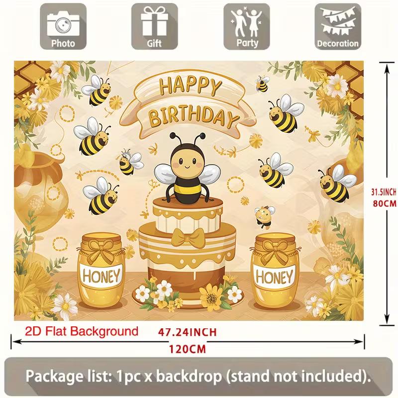 2D Bee Themed Birthday Photography Backdrop Honey Jar Photo Booth Banner